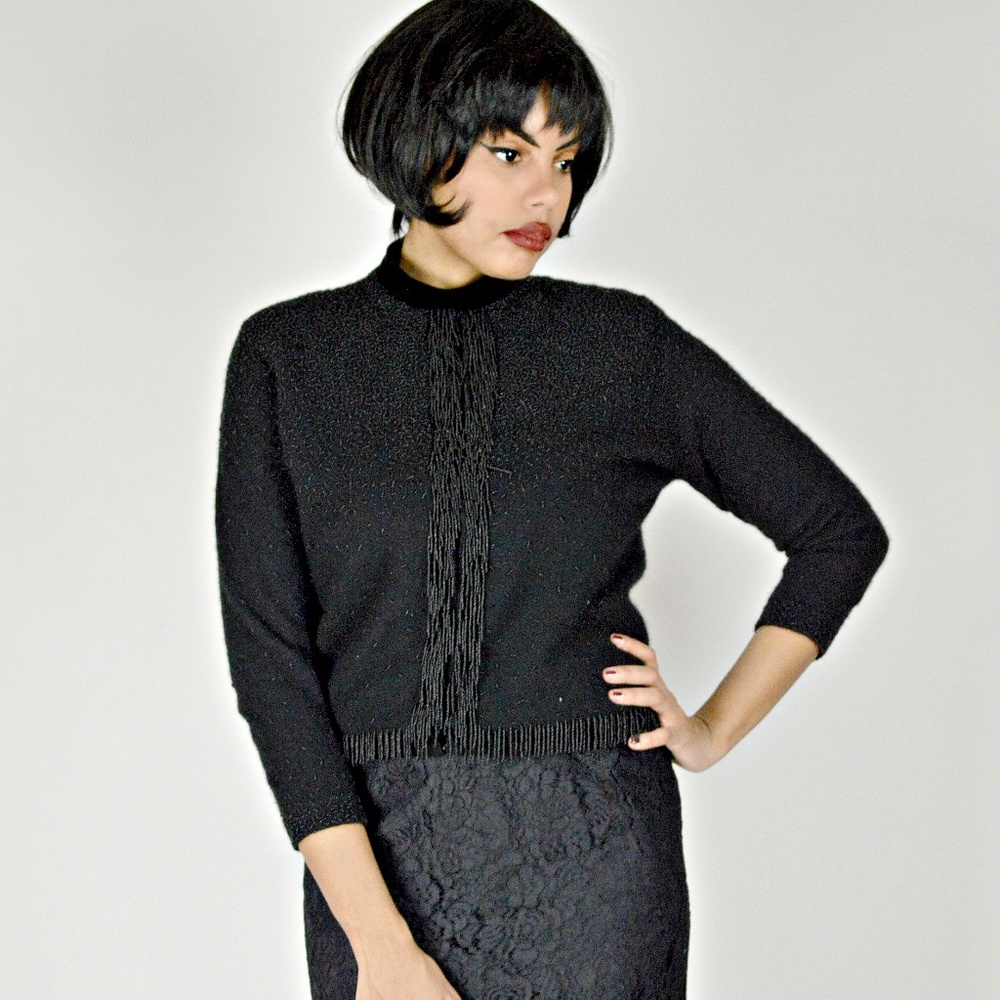 50s Black Beaded Cashmere Angora Cardigan Jacket